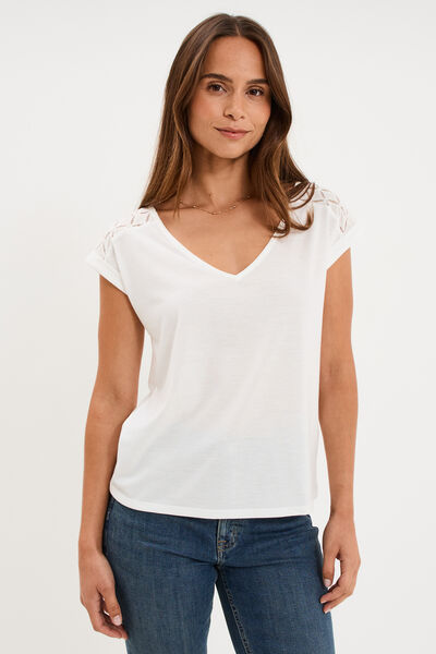 T-shirt col en V ajour&eacute; &eacute;paules et dos blanc femme