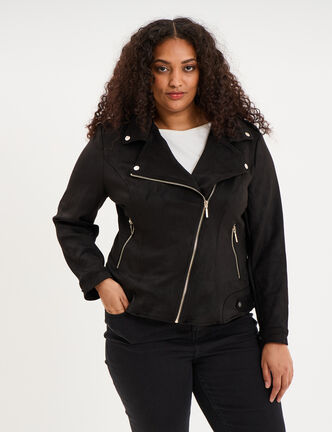 Blouson zipp&eacute; effet su&eacute;dine style biker noir femme grande taille