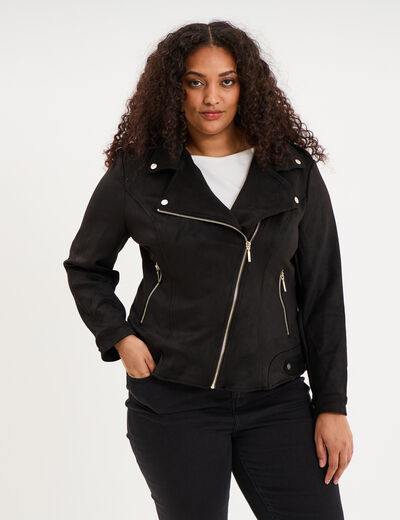 Blouson zipp&eacute; effet su&eacute;dine style biker noir femme grande taille