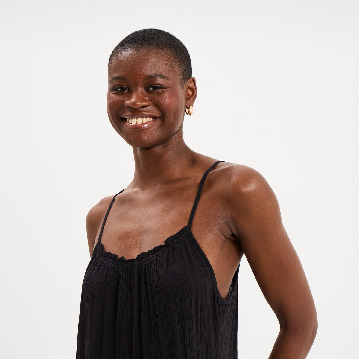 Robe fluide &agrave; volants fines bretelles noir femme