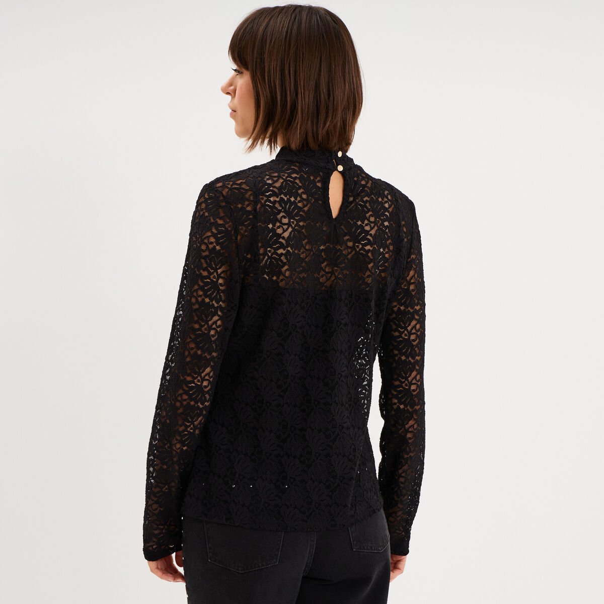 Blouse dentelle col montant noir femme