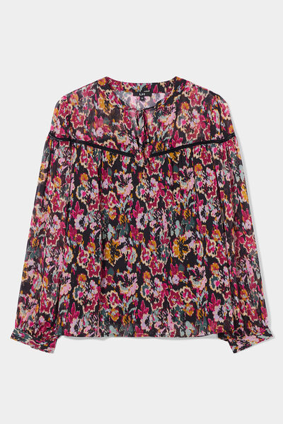 Blouse crêpe col cordons à nouer noir femme