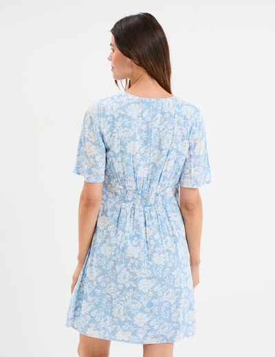 Robe courte col en V taille smock&eacute;e bleu ciel femme