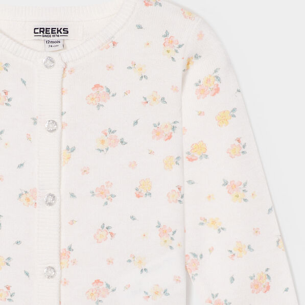Gilet boutonné à col rond coton ecru bébé fille