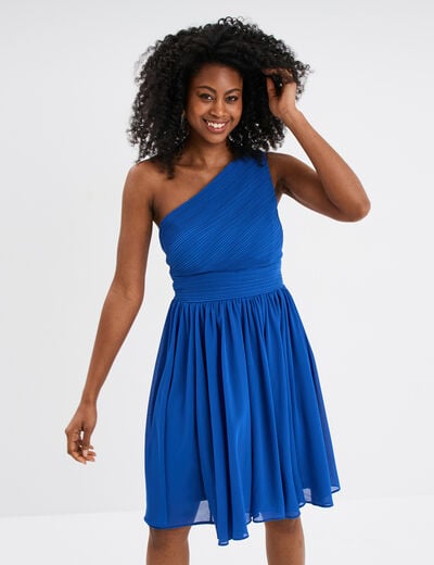Robe courte asymétrique plissée bleu roi femme
