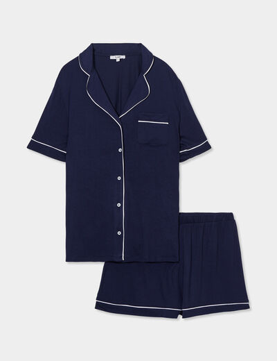 Ensemble pyjama fluide short et chemise bleu marine femme