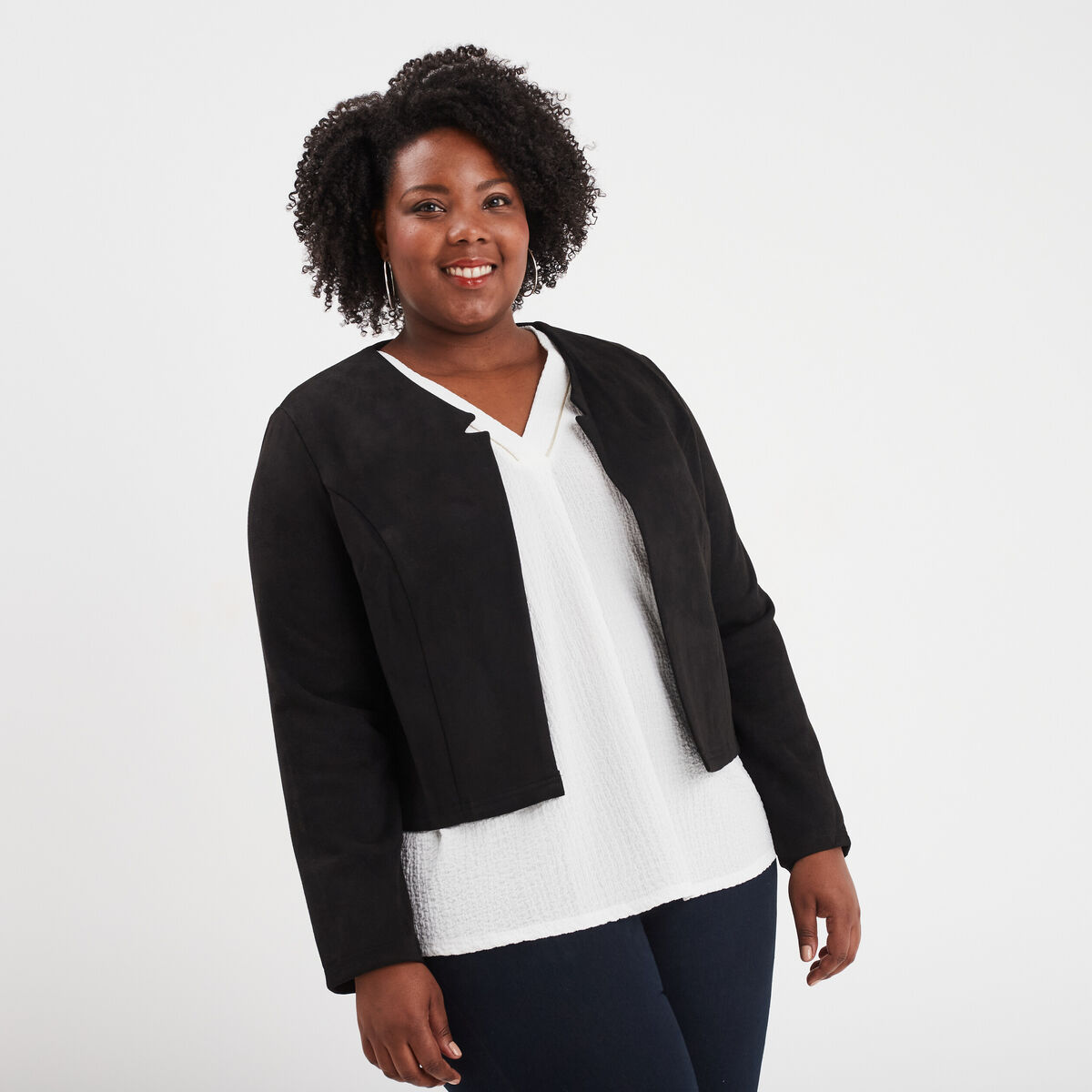 Veste en suédine manches longues noir femme grande taille