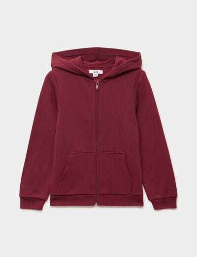 Sweat zipp&eacute; &agrave; capuche droit molleton bordeaux fille