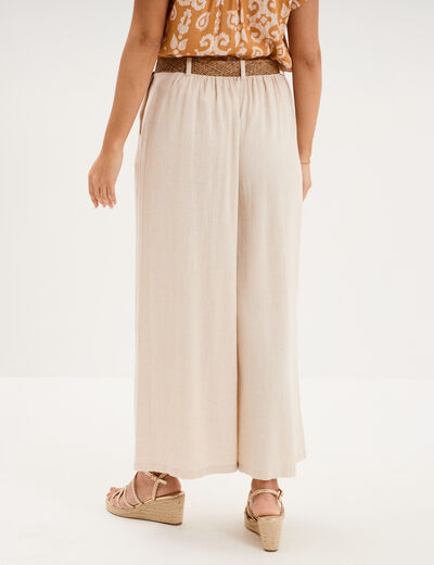 Pantalon large &agrave; pinces ceinture tress&eacute;e beige femme