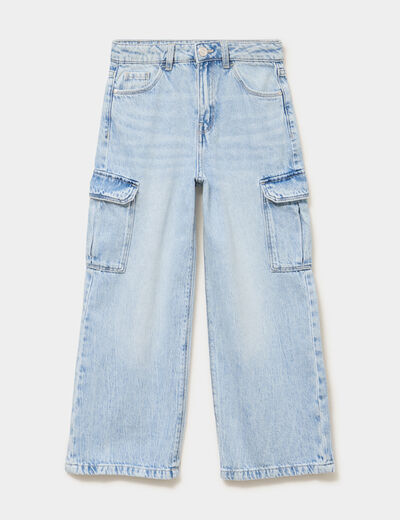 Jean large cargo poches &agrave; rabat coton denim triple stone fille