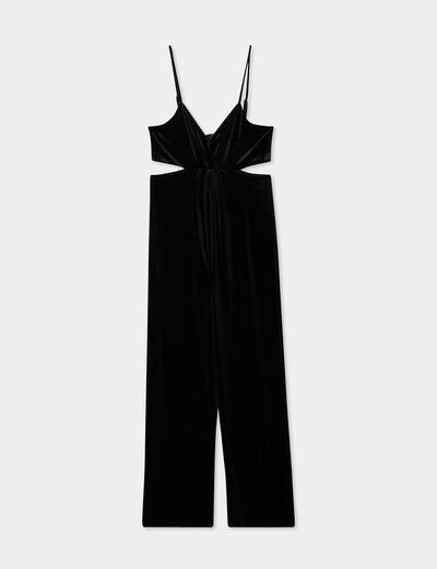 Combinaison effet velours à bretelles noir femme