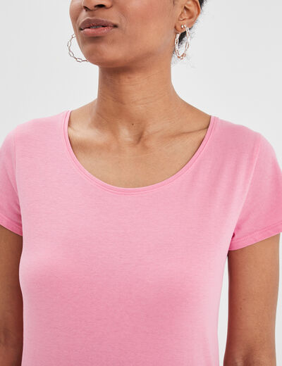 T-shirt coton col rond manches courtes rose femme