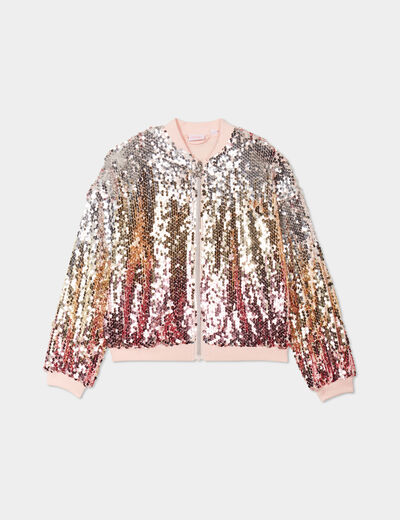 Gilet zippé à sequins col teddy Caprice rose clair fille