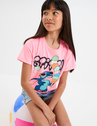 T-shirt manches courtes Stitch rose fluo fille