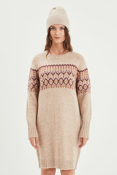 Robe pull droite courte col rond Creeks beige femme