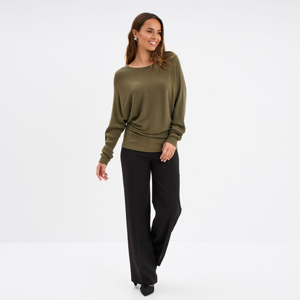 Pull col bateau manches longues vert kaki femme
