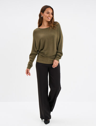 Pull col bateau manches longues vert kaki femme