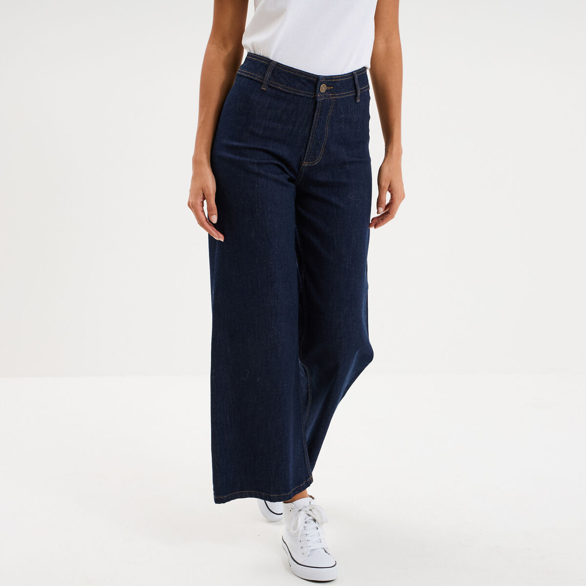 Jeans flare 7/8&egrave;me taille haute coton denim brut femme