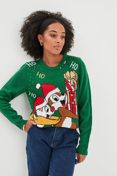 Pull de Noël col rond Tic et Tac vert femme