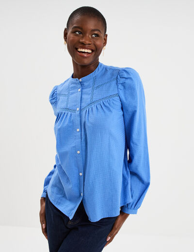 Blouse droite manches longues coton bleu electrique femme