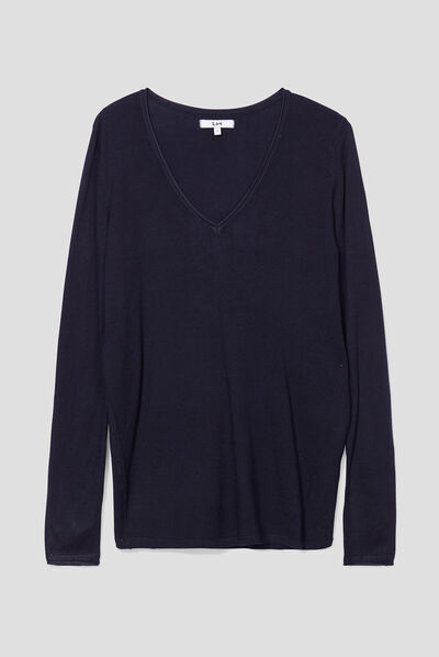 Pull avec col en V bleu marine femme