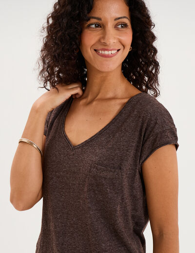 T-shirt col v poche poitrine marron fonc&eacute; femme