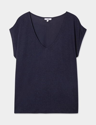 T-shirt manches courtes lin mélangé bleu foncé femme