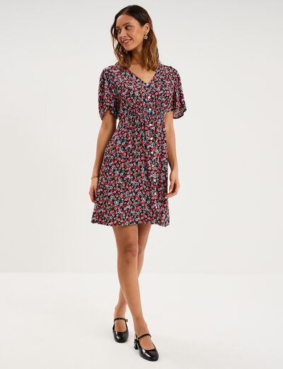 Robe fluide manches courtes col en V noir femme