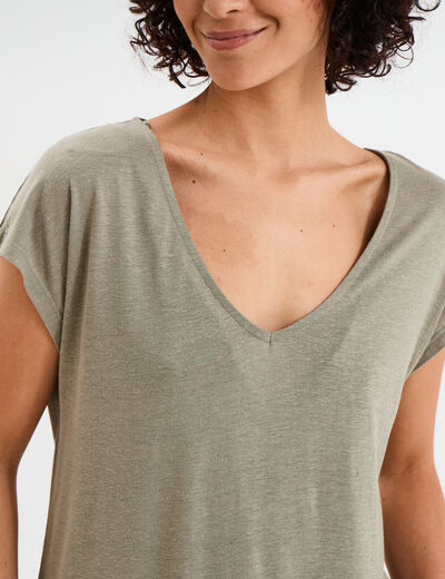 T-shirt manches courtes lin mélangé vert kaki femme
