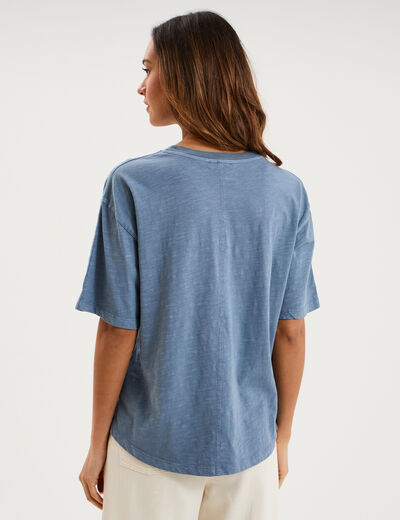 T-shirt col rond manches courtes coton bleu fonc&eacute; femme
