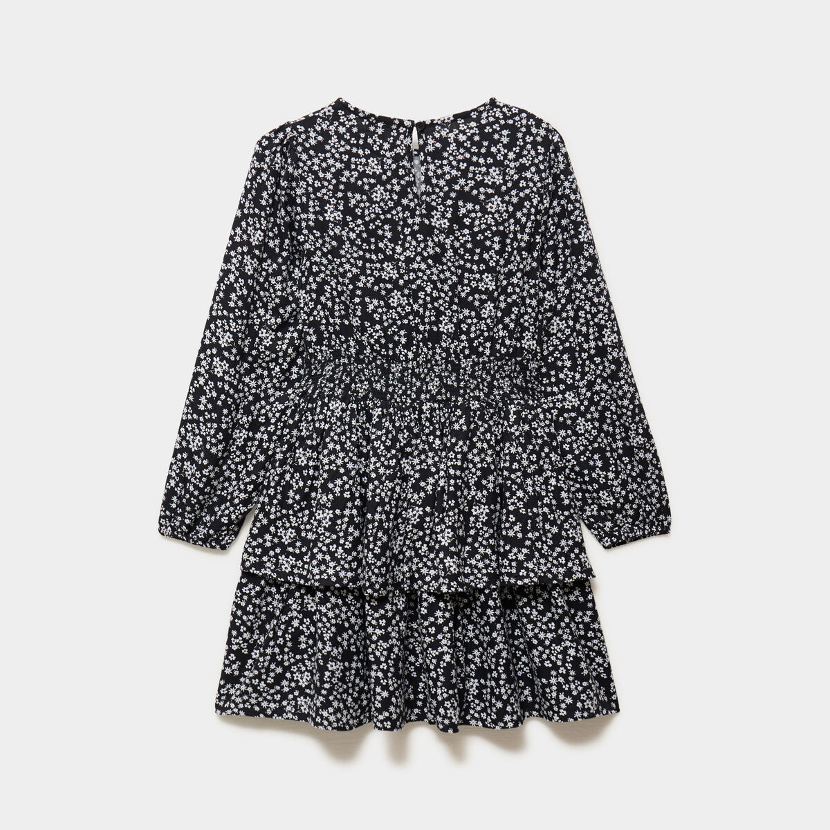 Robe courte patineuse &agrave; volants smock&eacute;e noir fille