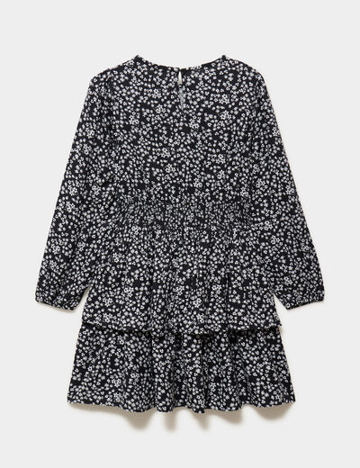 Robe courte patineuse &agrave; volants smock&eacute;e noir fille