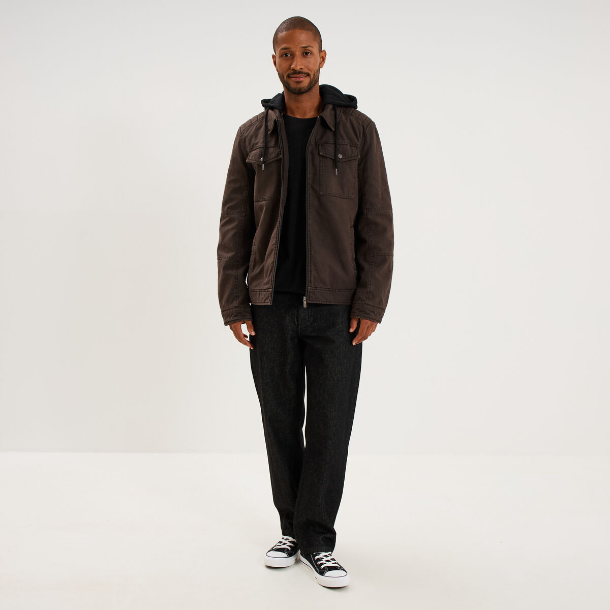 Veste doubl&eacute;e capuche amovible en coton marron fonc&eacute; homme