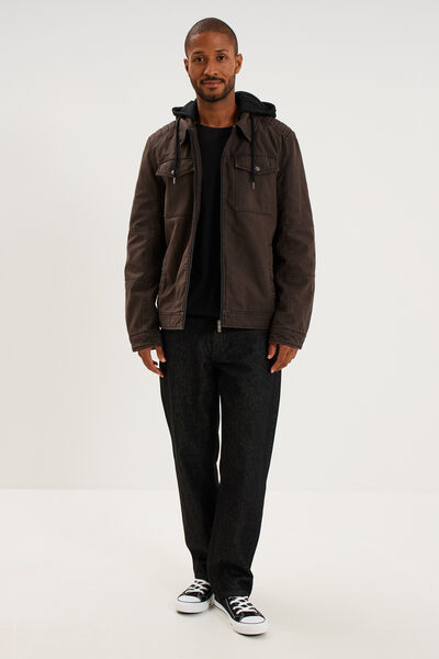 Veste doubl&eacute;e capuche amovible en coton marron fonc&eacute; homme