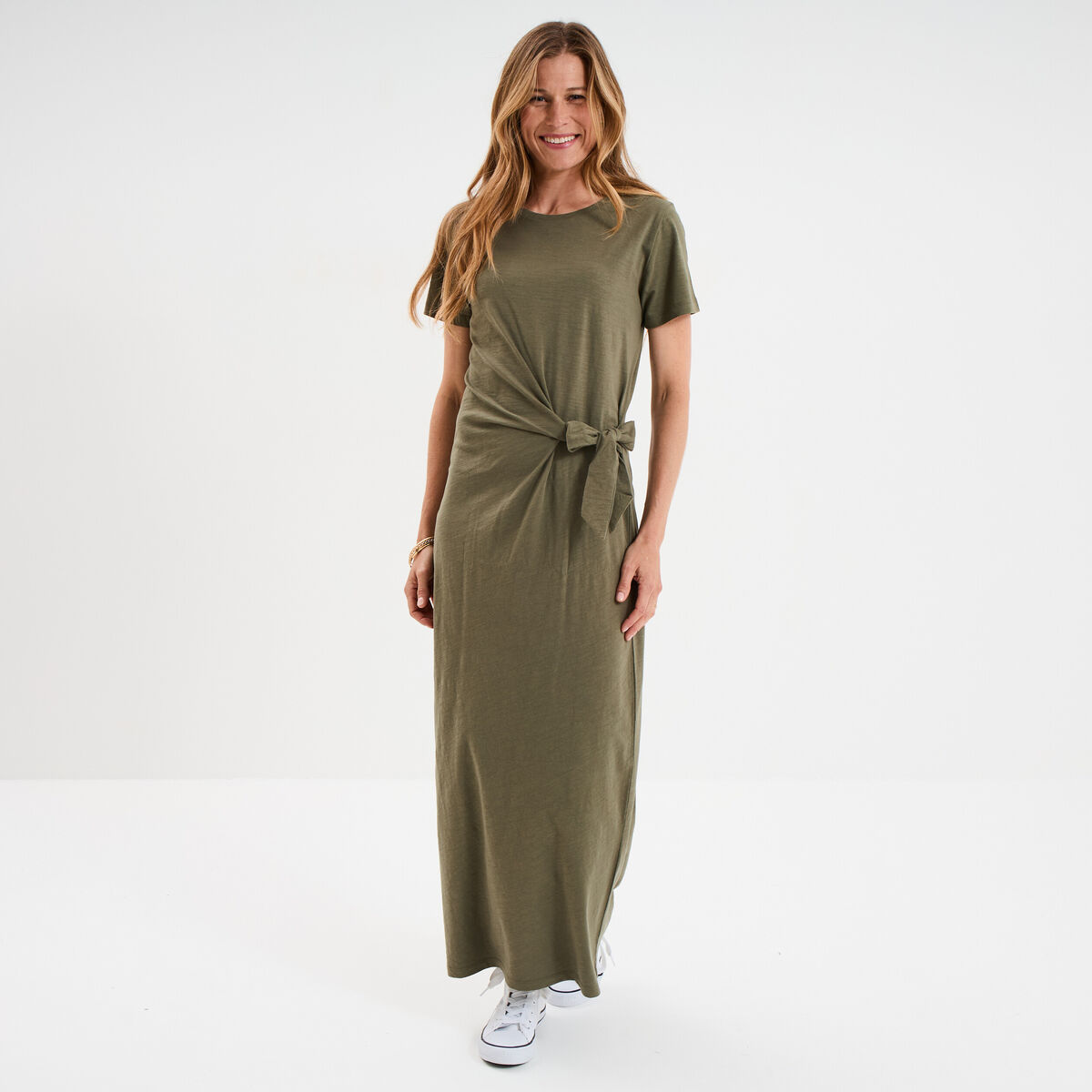 Robe midi taille effet noué coton vert kaki femme