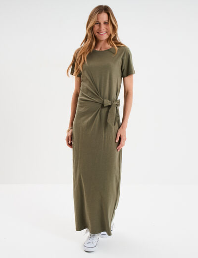 Robe midi taille effet noué coton vert kaki femme