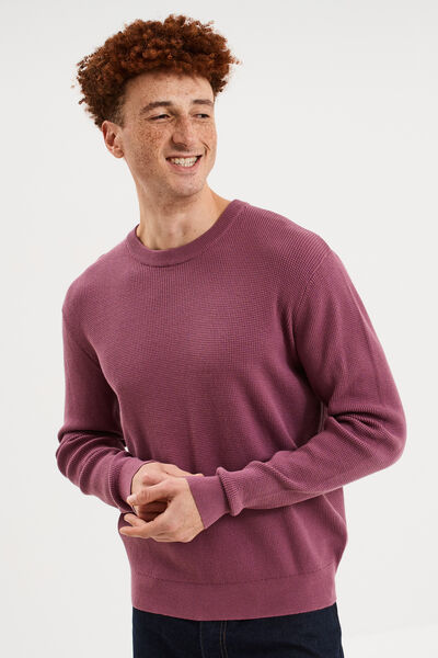 Pull en maille textur&eacute;e col rond mauve homme