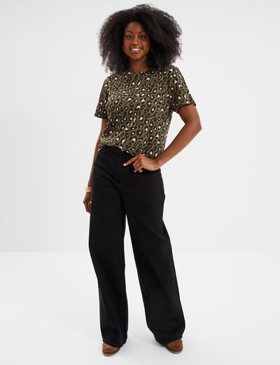 T-shirt coton col rond manches courtes vert kaki femme