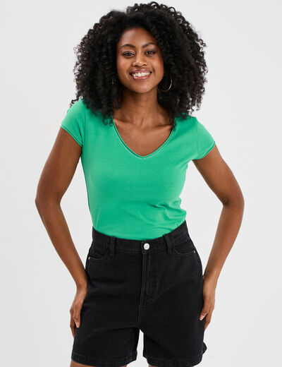 T-shirt col V ajusté manches courtes vert femme
