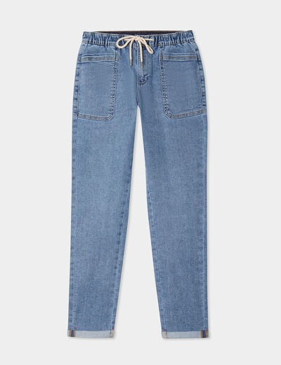 Jeans droit cropped taille &eacute;lastiqu&eacute;e denim stone femme