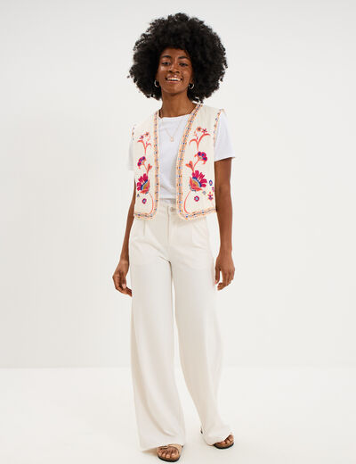 Veste brod&eacute;e sans manches coton creme femme