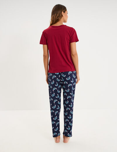 Ensemble pyjama pantalon t-shirt Stitch bordeaux femme