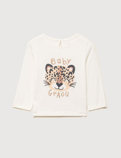 T-shirt manches longues col rond coton blanc b&eacute;b&eacute; fille