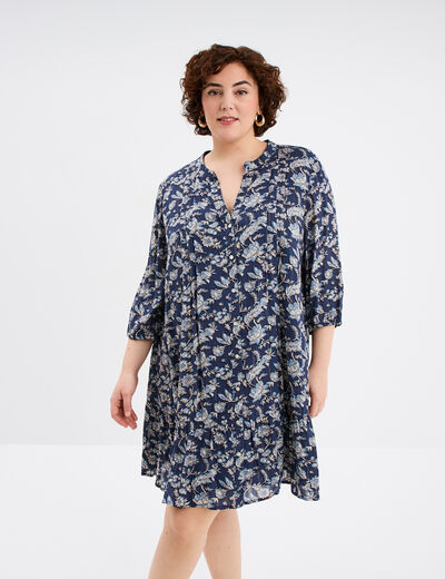 Robe évasée fluide manches longues col V bleu marine femme grande taille