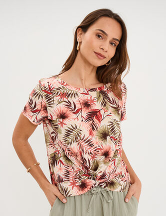 T-shirt taille effet nou&eacute; coton vert kaki femme