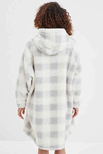 Poncho plaid long pilou ecru femme