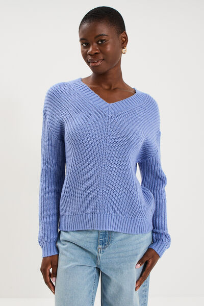 Pull col en V bleu ciel femme