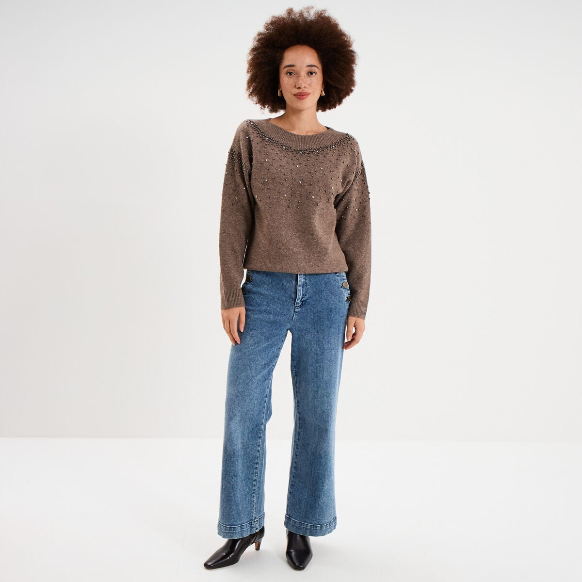 Pull perles et strass manches longues taupe femme