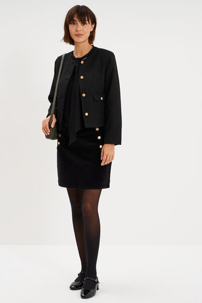 Veste droite boutonn&eacute;e tweed&eacute;&eacute; noir femme