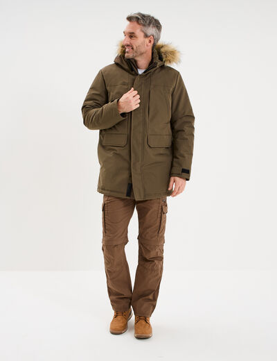 Parka &agrave; capuche fausse fourrure vert kaki homme